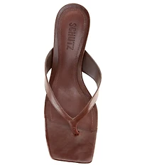Schutz Marjorie Leather Square Toe Kitten Heel Thong Slide Sandals