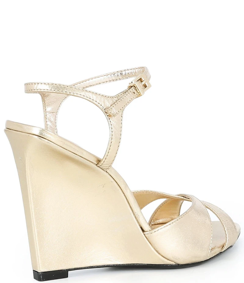 Schutz Maxine Metallic Leather Ankle Strap Wedge Sandals