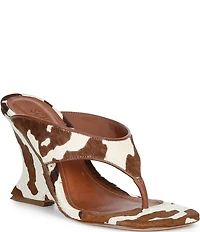 Schutz Maya Cow Print Hair Calf High Wedge Thong Sandals