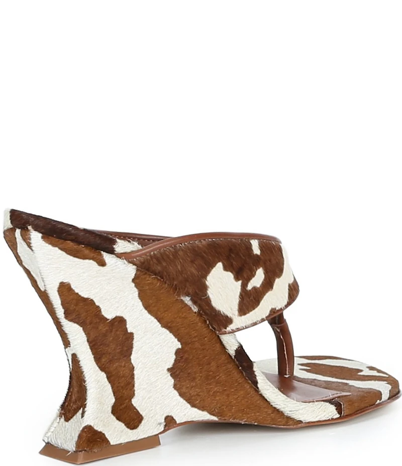 Schutz Maya Cow Print Hair Calf High Wedge Thong Sandals