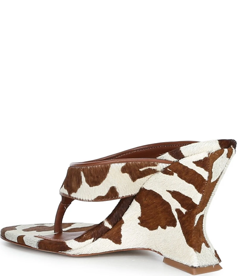 Schutz Maya Cow Print Hair Calf High Wedge Thong Sandals