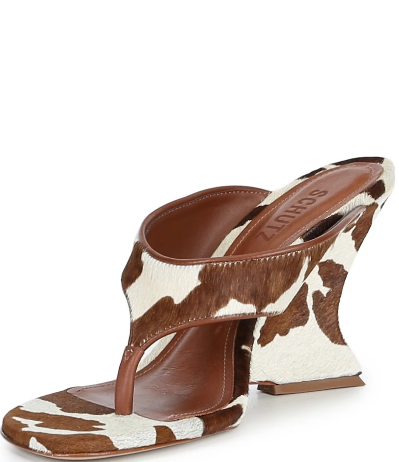 Schutz Maya Cow Print Hair Calf High Wedge Thong Sandals
