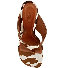 Schutz Maya Cow Print Hair Calf High Wedge Thong Sandals