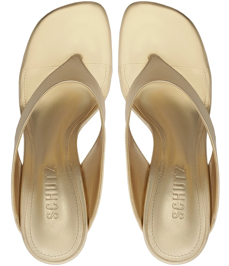Schutz Maya Leather Square Toe Thong Sculpted Wedge Sandals