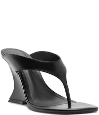 Schutz Maya Leather Square Toe Thong Sculpted Wedge Sandals