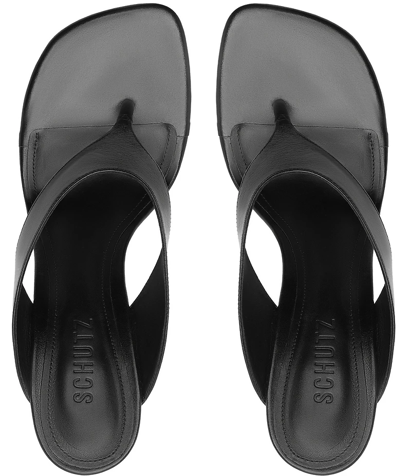 Schutz Maya Leather Square Toe Thong Sculpted Wedge Sandals