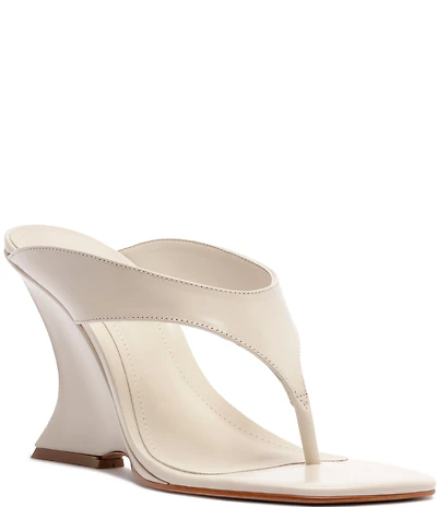 Schutz Maya Leather Square Toe Thong Sculpted Wedge Sandals