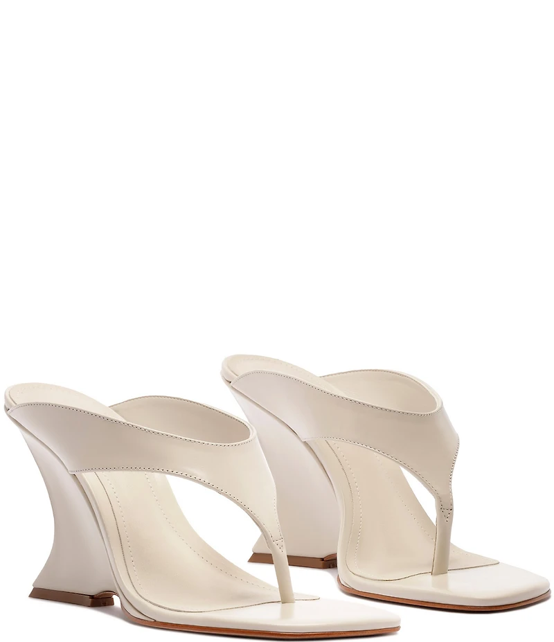 Schutz Maya Leather Square Toe Thong Sculpted Wedge Sandals