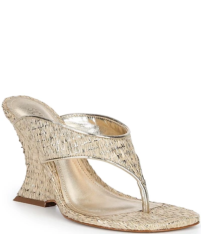 Schutz Maya Woven Metallic Square Toe Thong Sculpted Wedge Sandals