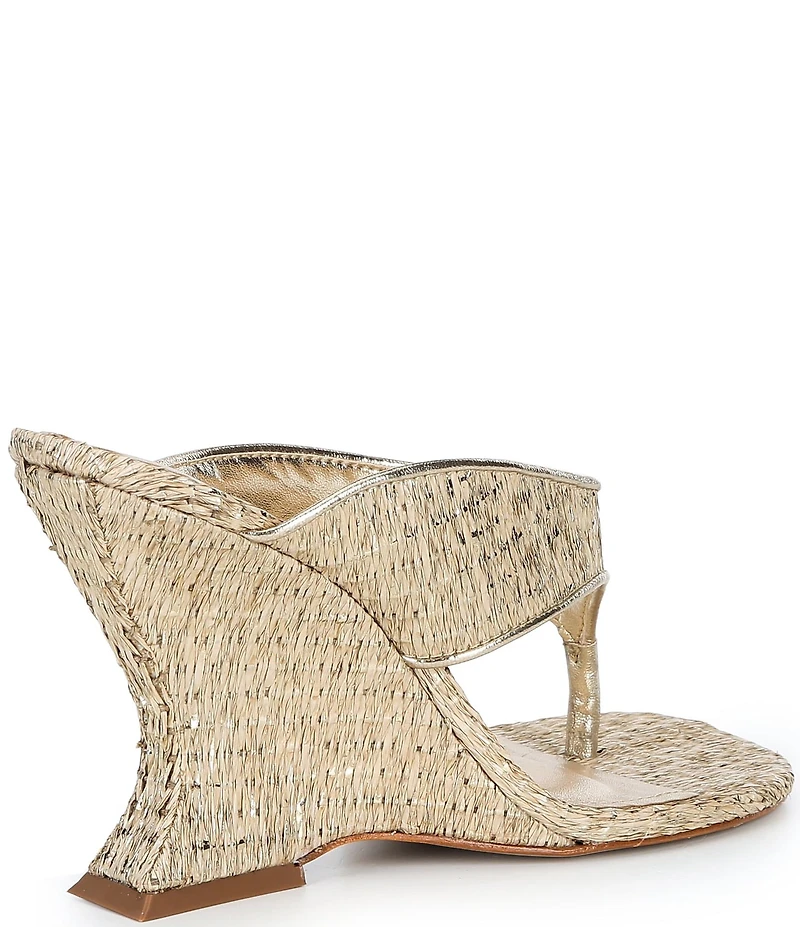 Schutz Maya Woven Metallic Square Toe Thong Sculpted Wedge Sandals