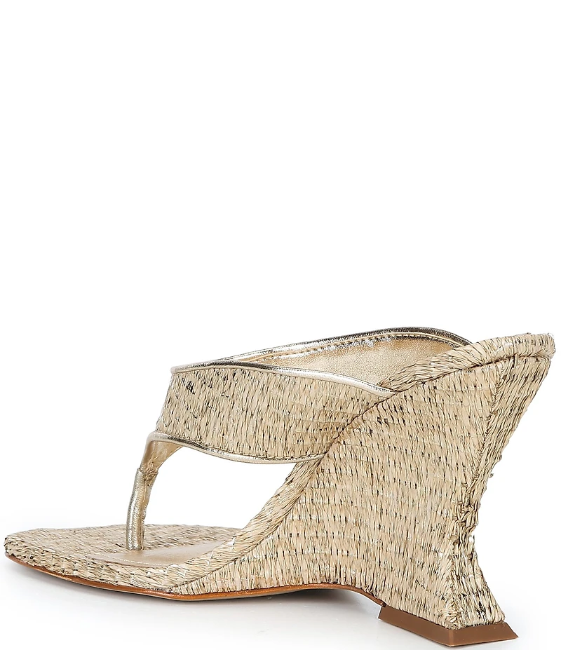 Schutz Maya Woven Metallic Square Toe Thong Sculpted Wedge Sandals