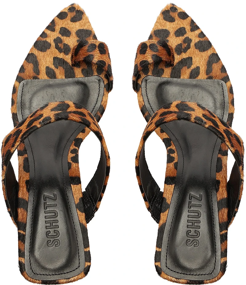 Schutz Melina Leopard Print Suede Calf Hair Toe Loop Dress Sandals