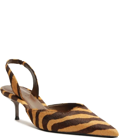Schutz Paola Zebra Print Calf Hair Mid Heel Slingback Pumps