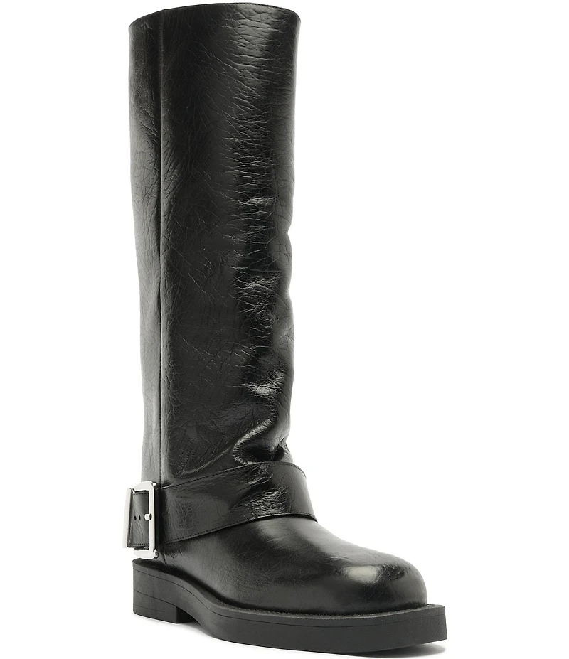 Schutz Patrice Up Leather Tall Buckle Strap Moto Boots