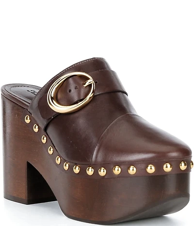 Schutz Piper Leather Studded Buckle Detail Block Heel Platform Clogs