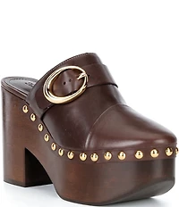 Schutz Piper Leather Studded Buckle Detail Block Heel Platform Clogs