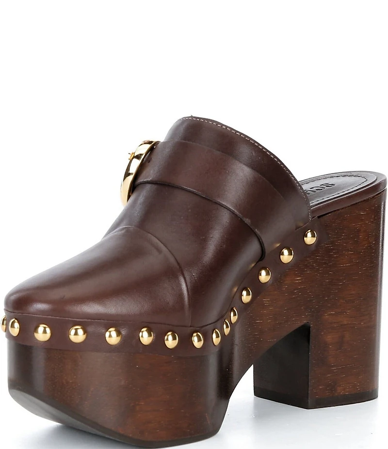 Schutz Piper Leather Studded Buckle Detail Block Heel Platform Clogs