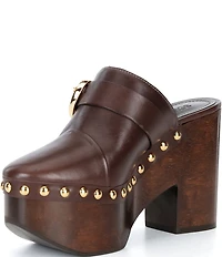 Schutz Piper Leather Studded Buckle Detail Block Heel Platform Clogs