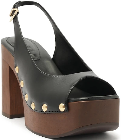 Schutz Rose Studded Leather Slingback Platform Block Heel Sandals