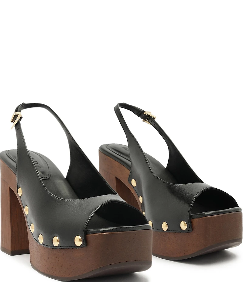 Schutz Rose Studded Leather Slingback Platform Block Heel Sandals