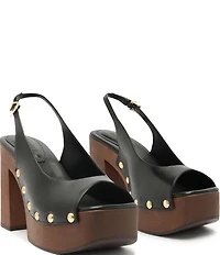 Schutz Rose Studded Leather Slingback Platform Block Heel Sandals