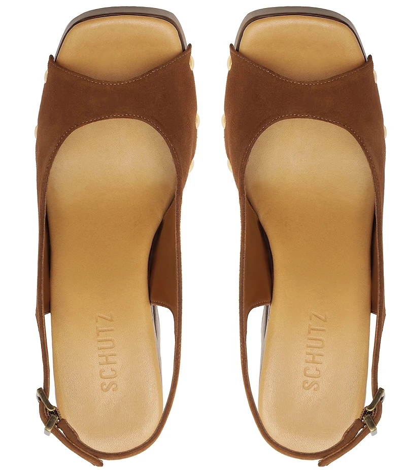 Schutz Rose Studded Suede Slingback Platform Block Heel Sandals
