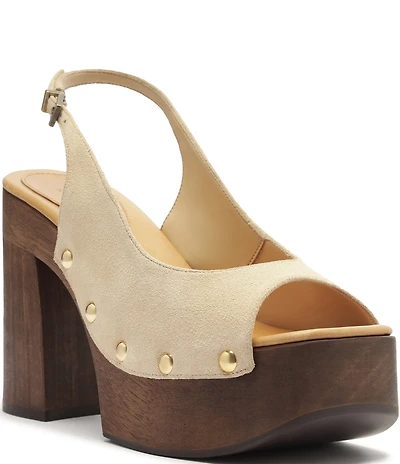 Schutz Rose Studded Suede Slingback Platform Block Heel Sandals