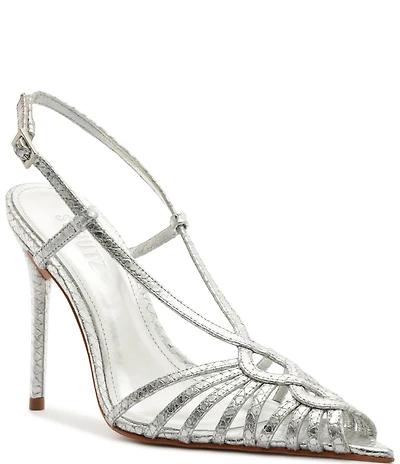 Schutz Seraphine Snake Embossed Metallic Leather Pointed Peep Toe Dress Sandals