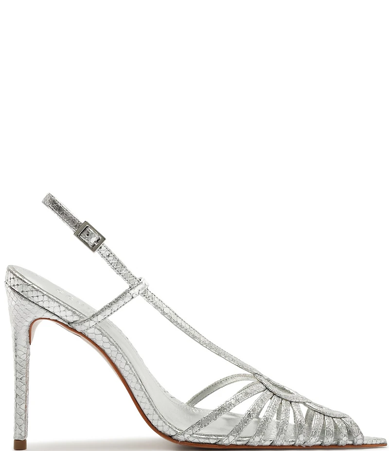 Schutz Seraphine Snake Embossed Metallic Leather Pointed Peep Toe Dress Sandals