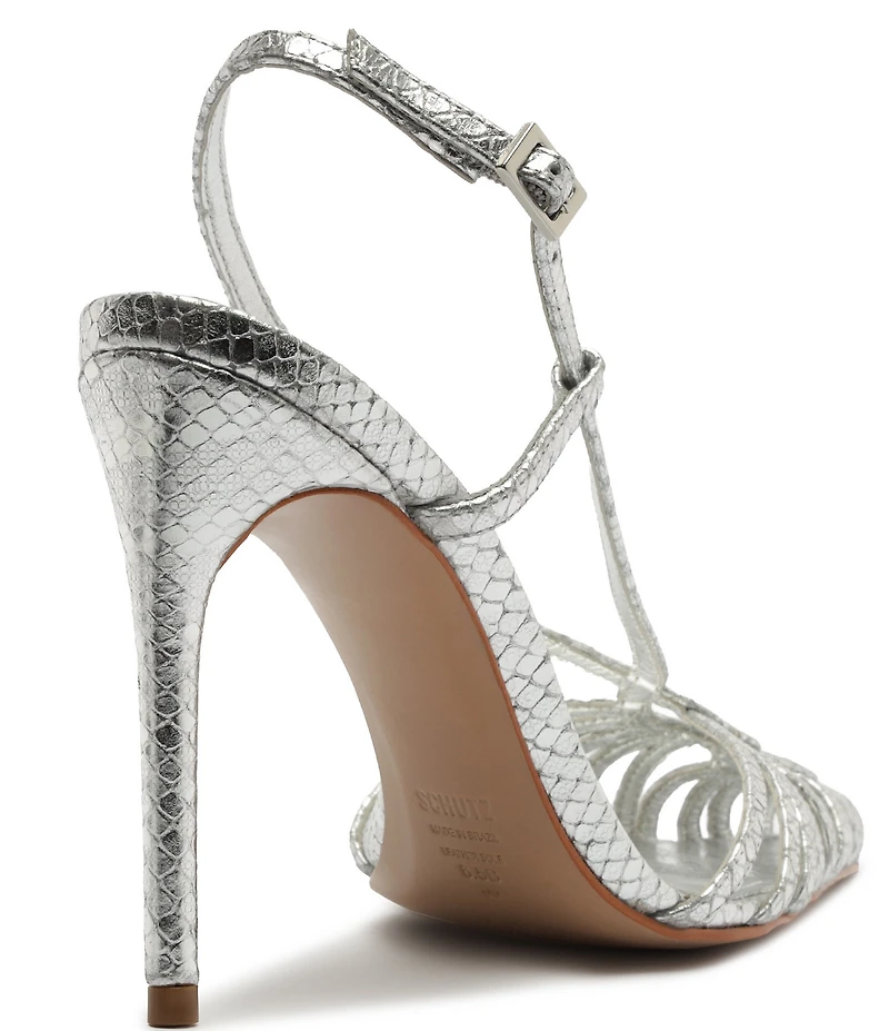 Schutz Seraphine Snake Embossed Metallic Leather Pointed Peep Toe Dress Sandals