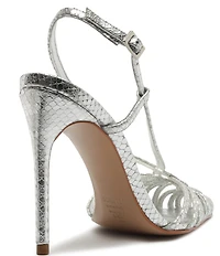 Schutz Seraphine Snake Embossed Metallic Leather Pointed Peep Toe Dress Sandals