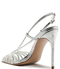 Schutz Seraphine Snake Embossed Metallic Leather Pointed Peep Toe Dress Sandals