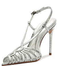Schutz Seraphine Snake Embossed Metallic Leather Pointed Peep Toe Dress Sandals