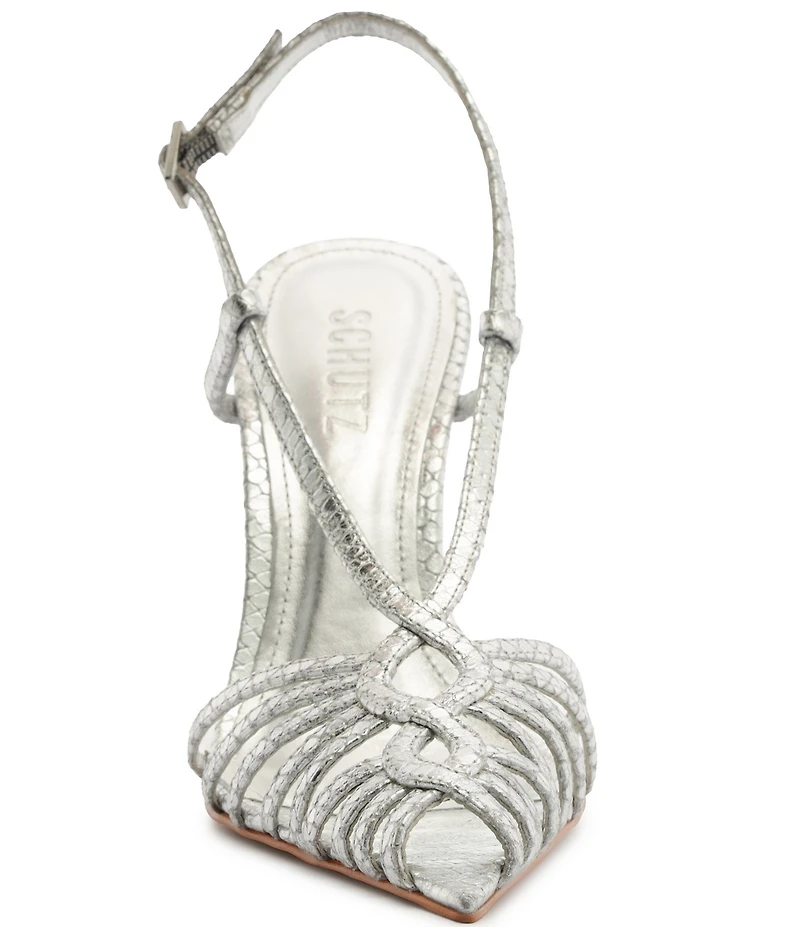 Schutz Seraphine Snake Embossed Metallic Leather Pointed Peep Toe Dress Sandals