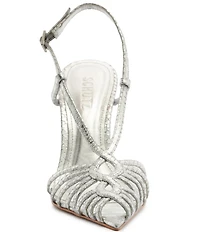 Schutz Seraphine Snake Embossed Metallic Leather Pointed Peep Toe Dress Sandals