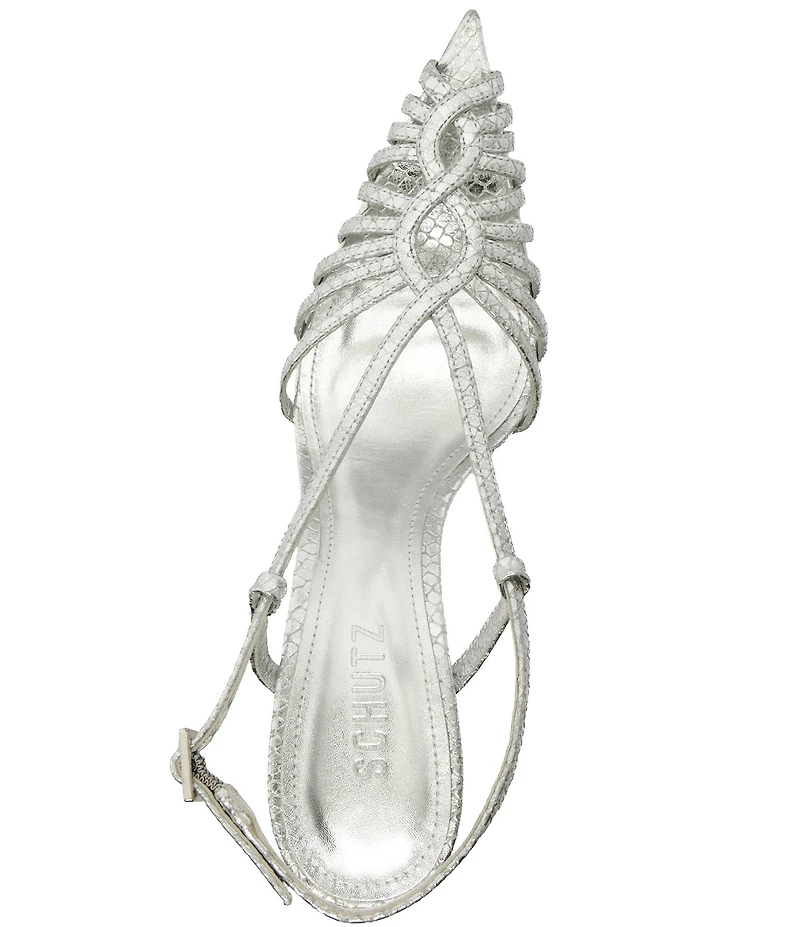 Schutz Seraphine Snake Embossed Metallic Leather Pointed Peep Toe Dress Sandals