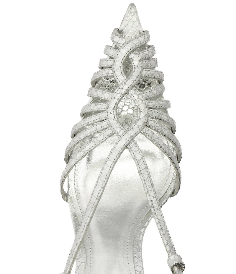 Schutz Seraphine Snake Embossed Metallic Leather Pointed Peep Toe Dress Sandals