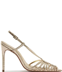 Schutz Seraphine Snake Embossed Metallic Leather Pointed Peep Toe Dress Sandals