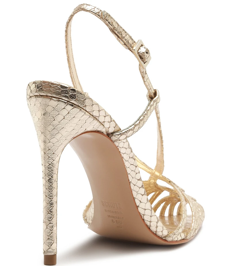 Schutz Seraphine Snake Embossed Metallic Leather Pointed Peep Toe Dress Sandals