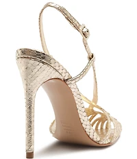 Schutz Seraphine Snake Embossed Metallic Leather Pointed Peep Toe Dress Sandals