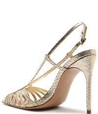 Schutz Seraphine Snake Embossed Metallic Leather Pointed Peep Toe Dress Sandals