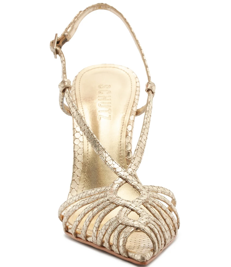 Schutz Seraphine Snake Embossed Metallic Leather Pointed Peep Toe Dress Sandals