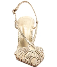 Schutz Seraphine Snake Embossed Metallic Leather Pointed Peep Toe Dress Sandals