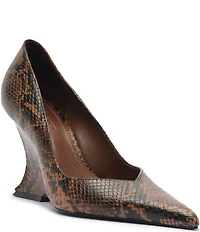 Schutz Siena Snake Print Leather Pointed Toe Sculpted Wedge Dress Pumps