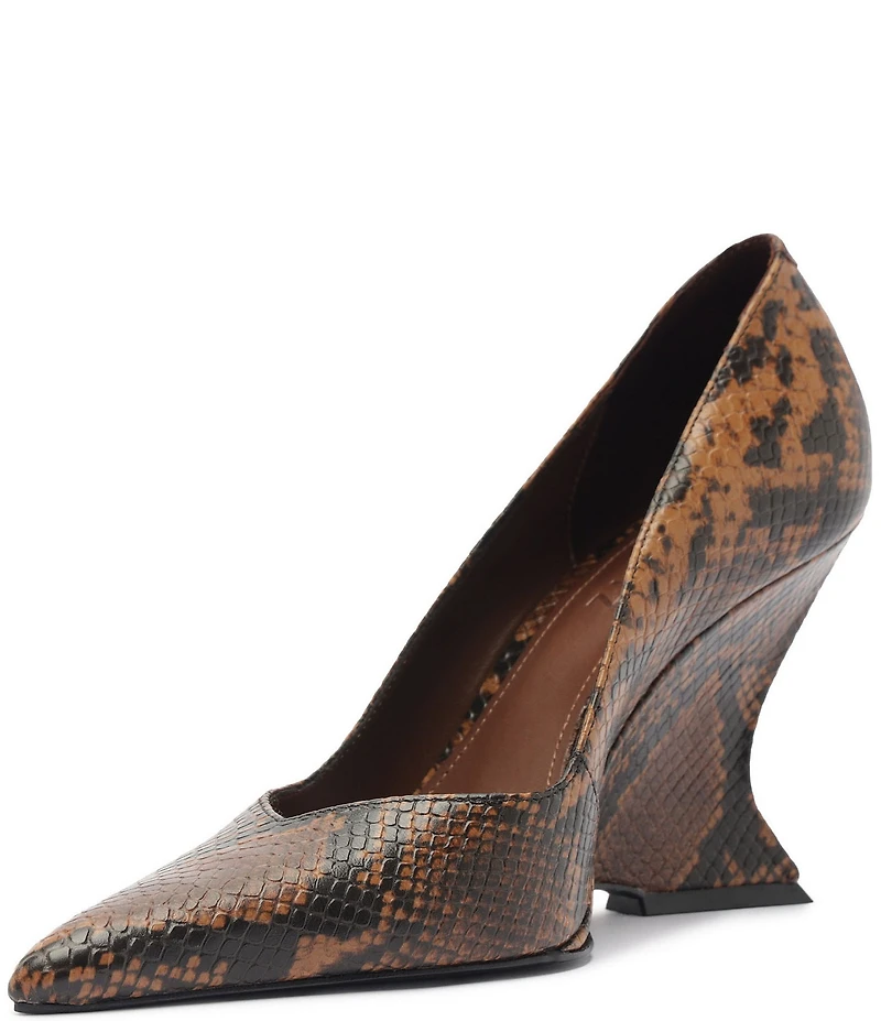 Schutz Siena Snake Print Leather Pointed Toe Sculpted Wedge Dress Pumps