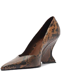 Schutz Siena Snake Print Leather Pointed Toe Sculpted Wedge Dress Pumps