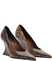 Schutz Siena Snake Print Leather Pointed Toe Sculpted Wedge Dress Pumps