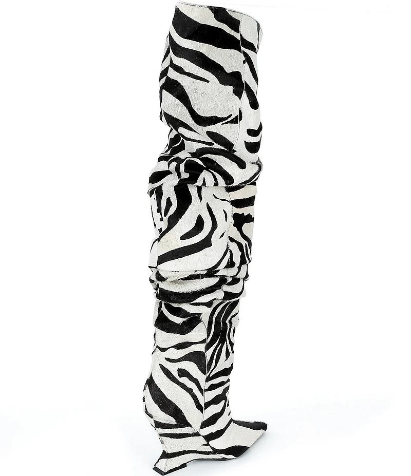 Schutz Siena Zebra Print Fur Over The Knee Slouch Wedge Boots