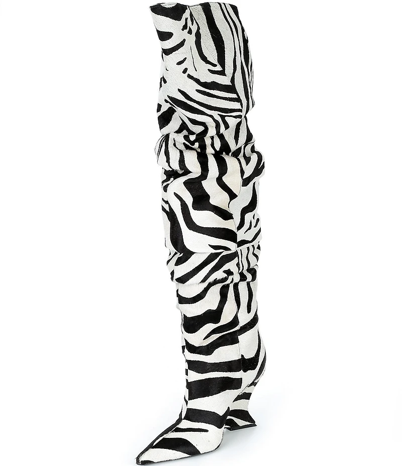 Schutz Siena Zebra Print Fur Over The Knee Slouch Wedge Boots