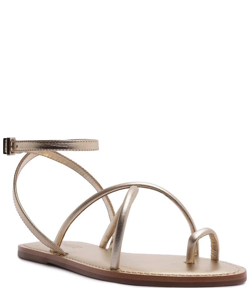 Schutz Valeria Leather Ankle Strap Toe Ring Flat Sandals